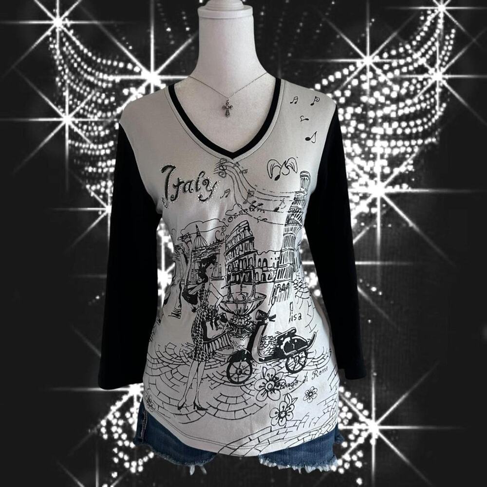 embellished euro y2k storybook travel sketch black and white raglan mcbling top
